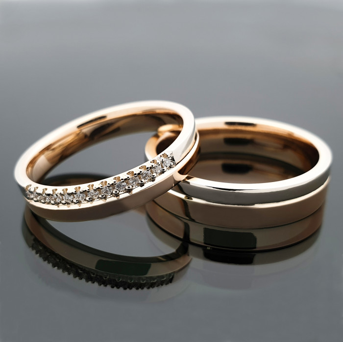 Balto ir raudono aukso vestuviniai žiedai su briliantų juostele (vz108)