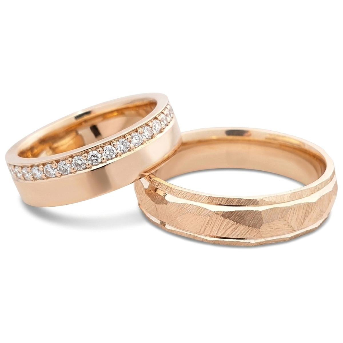 Rose gold wedding rings with different textures (198), Modern Design Wedding Rings, Gold type: 585, Item in the photo weight: ~12.00 g, Gemstone in the photo: Briliant, The weight of the gem in the photo: ~0.50 ct,  Number of holes in the picture: 24 vnt. - Jewelry online
