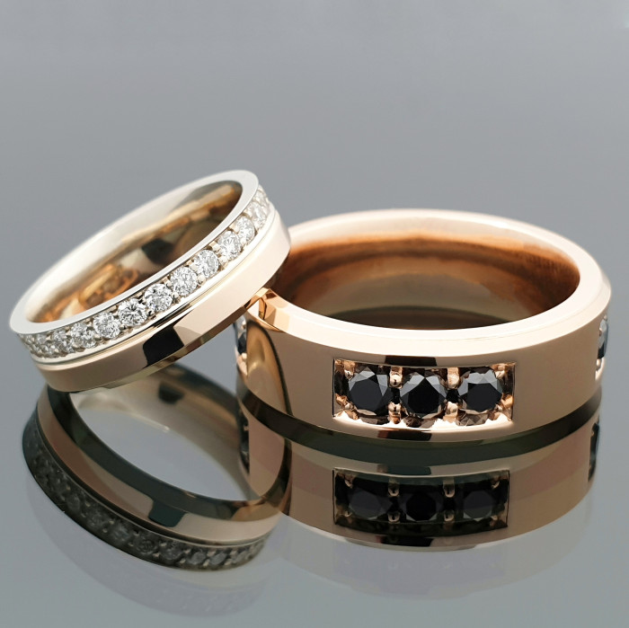 Prabangūs vestuviniai žiedai su baltais ir juodais deimantais (vz168)