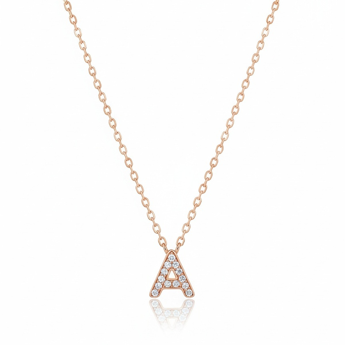 Rozā zelta ķēdīte ar kulonu "A" (1719), Vēstules, Zelta standarts: 585, Produkta foto svars: 1.67 g, Dārgakmeņi: Cirkonis - Rotājumlietas internetā