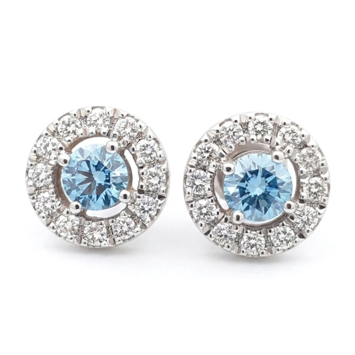 White Gold Halo Earrings with Blue Diamonds (769)