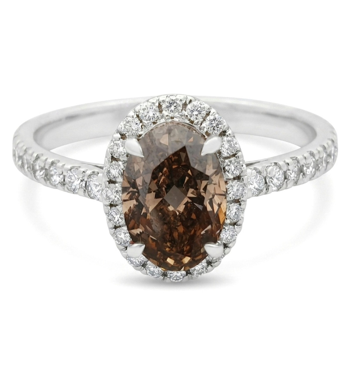 White gold ring with oval cognac diamond (3222), Halo, Gold type: 585, Item in the photo weight: 3.18 g, Gemstone: Brilliant, Gemstone ct.: 1.51-2.00 ct, Gemstone ct.: 1.52 ct,  Weight of extra gems: 0.40 ct - Jewelry online