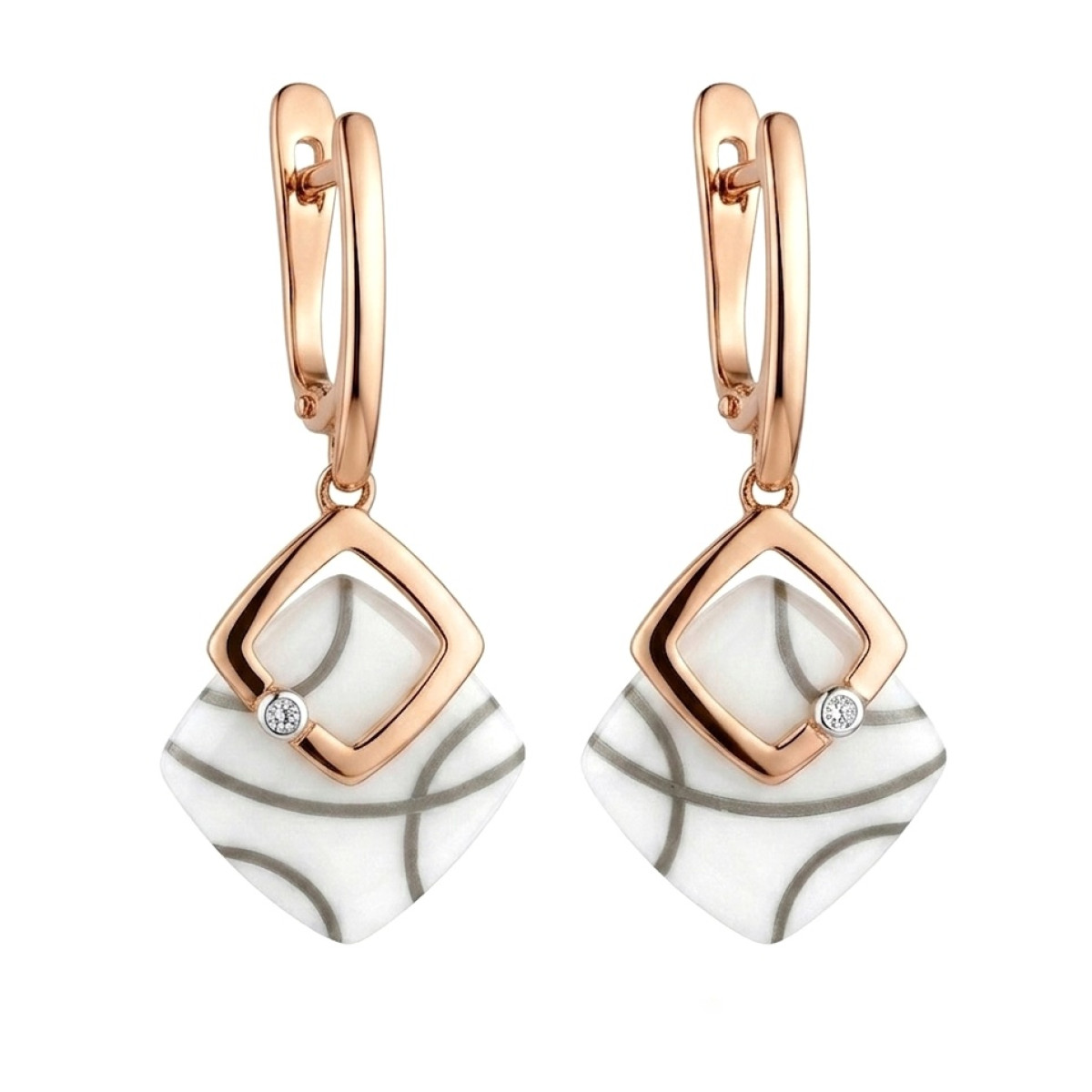 Unique gold earrings decorated with ceramics and diamonds (797), Hanging earrings, Gold type: 585, Item in the photo weight: 6.53 g, Gemstone: Brilliant, Gemstone ct.: 0.015 ct, Gemstone ct.: 0.01-0.09 ct - Jewelry online