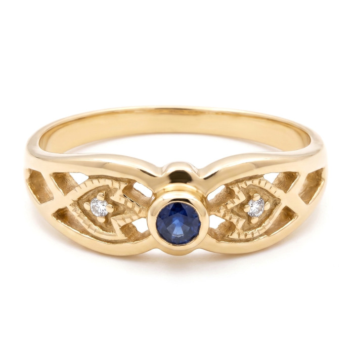 Yellow gold ring decorated with sapphire and diamonds (3302)