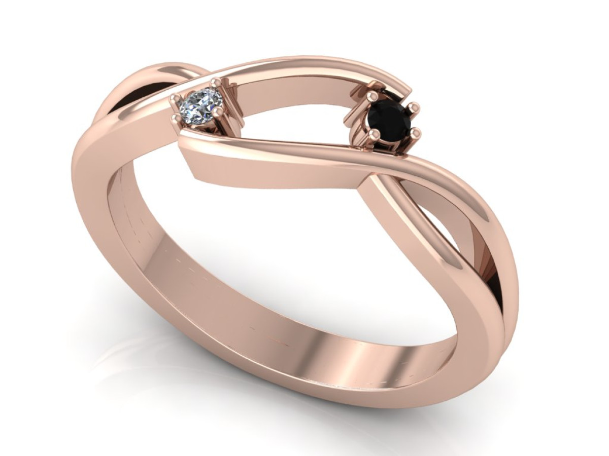Raudono aukso žiedas dekoruotas briliantu ir juodu deimantu "Alina" (958)