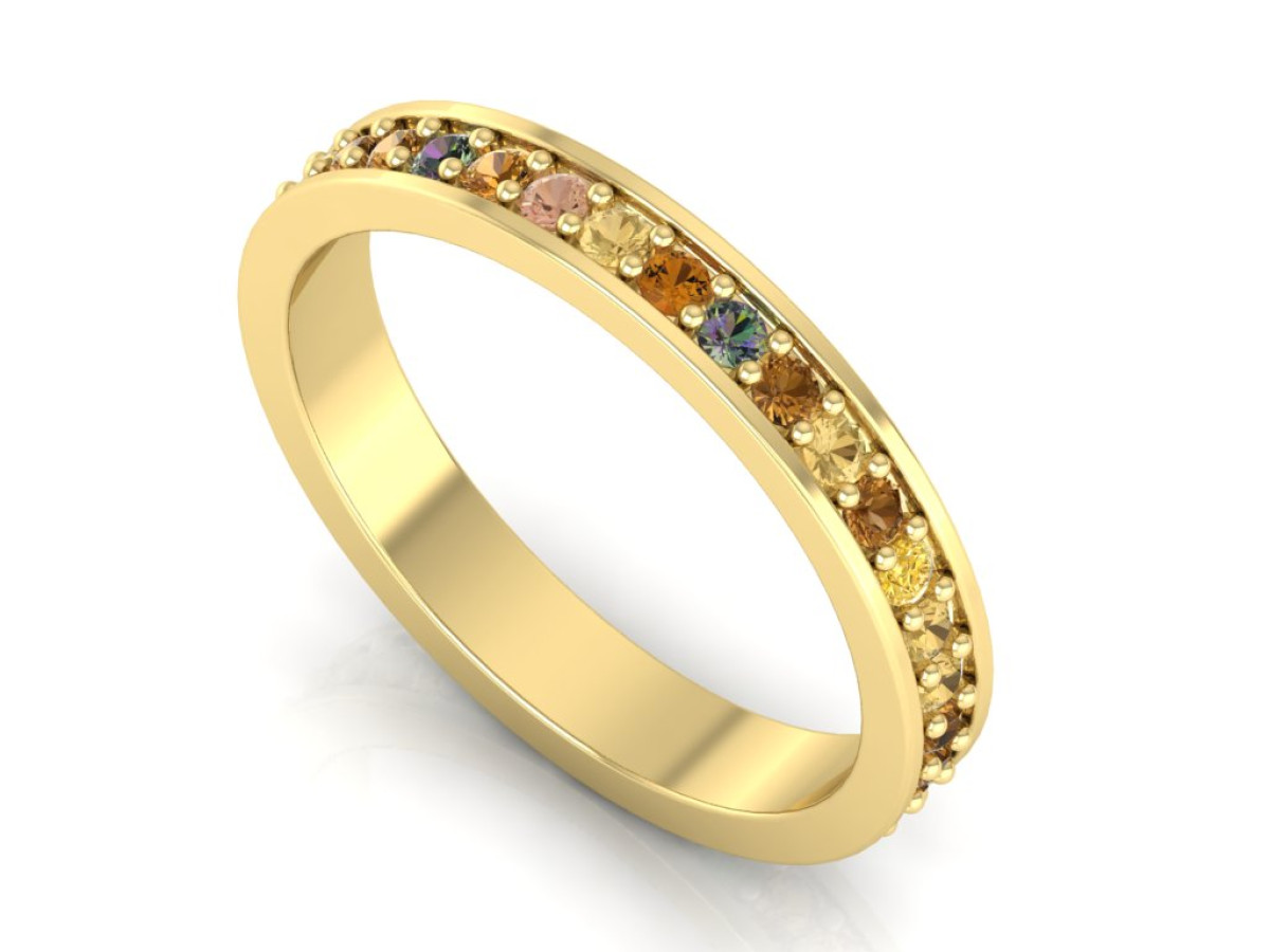 Auksinis žiedas dekoruotas spalvotų safyrų eilute "Ema"