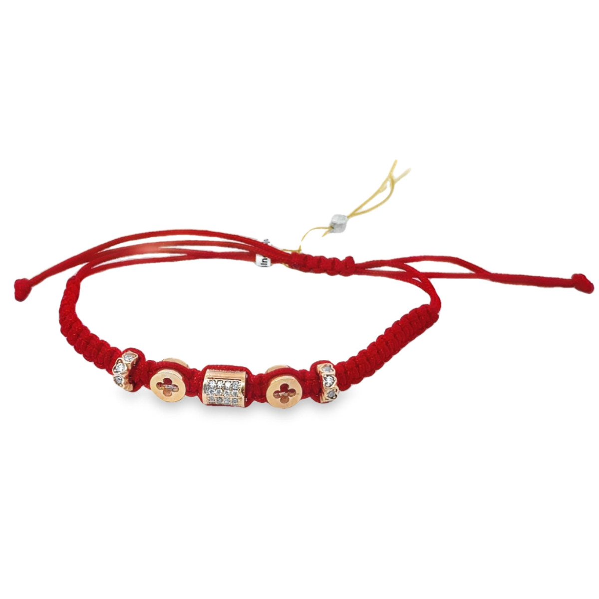  The red thread bracelet is decorated with gold details and zircon eyelets