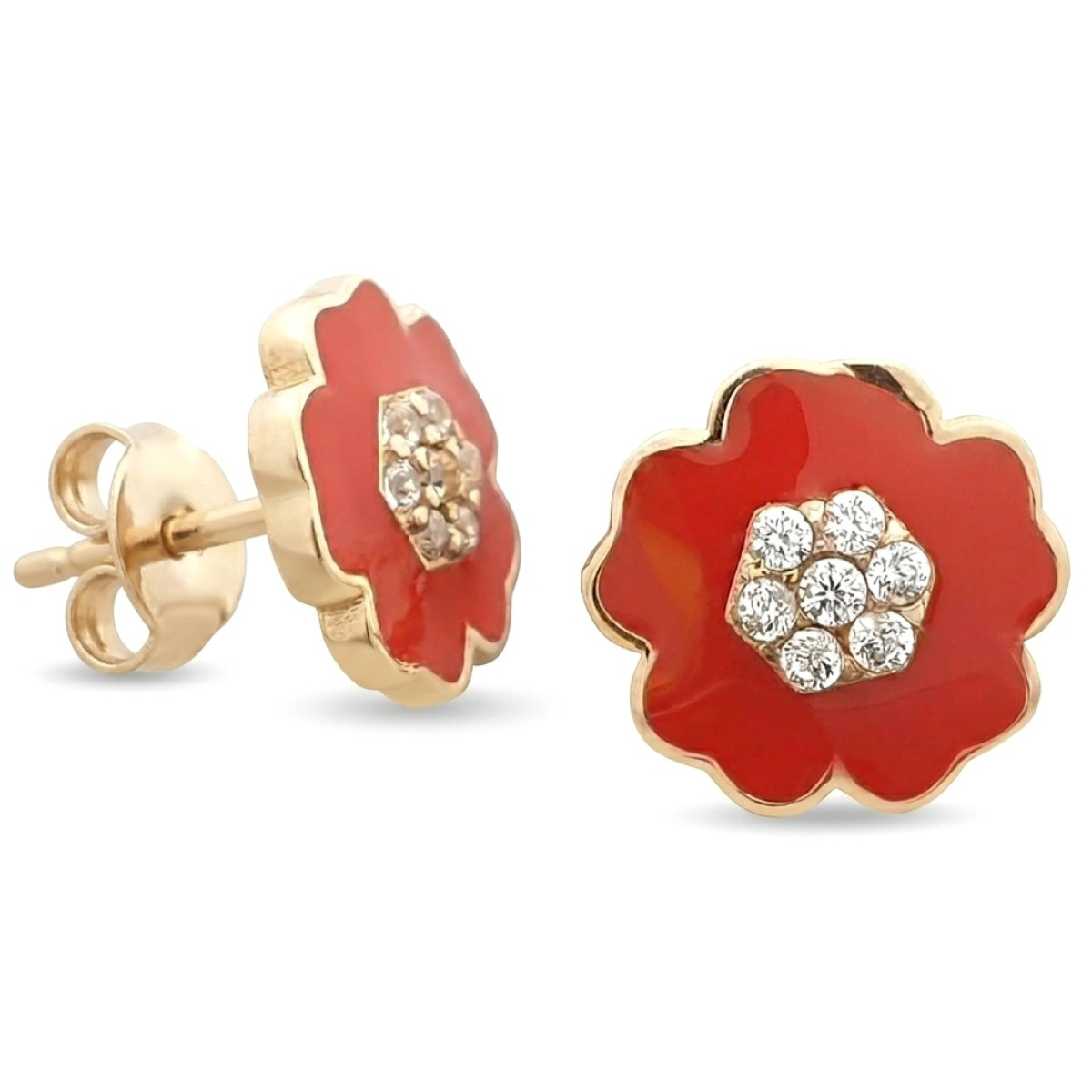 Zelta auskari "Sarkanie ziedi" (1777), Ar acīm, Zelta standarts: 585, Produkta foto svars: 1.99 g, Dārgakmeņi: Cirkons - Rotājumlietas internetā