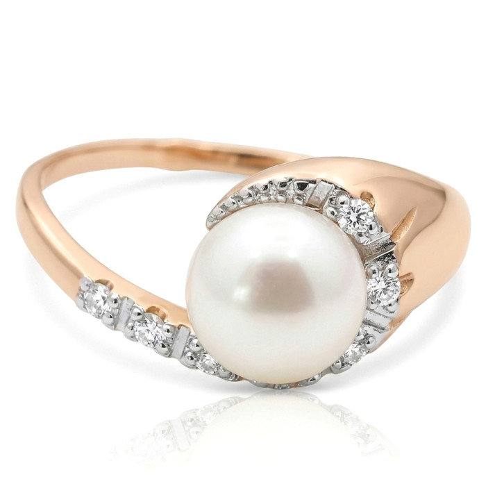 Smalks zelta gredzens ar pērlēm un kristāla acīm (580)