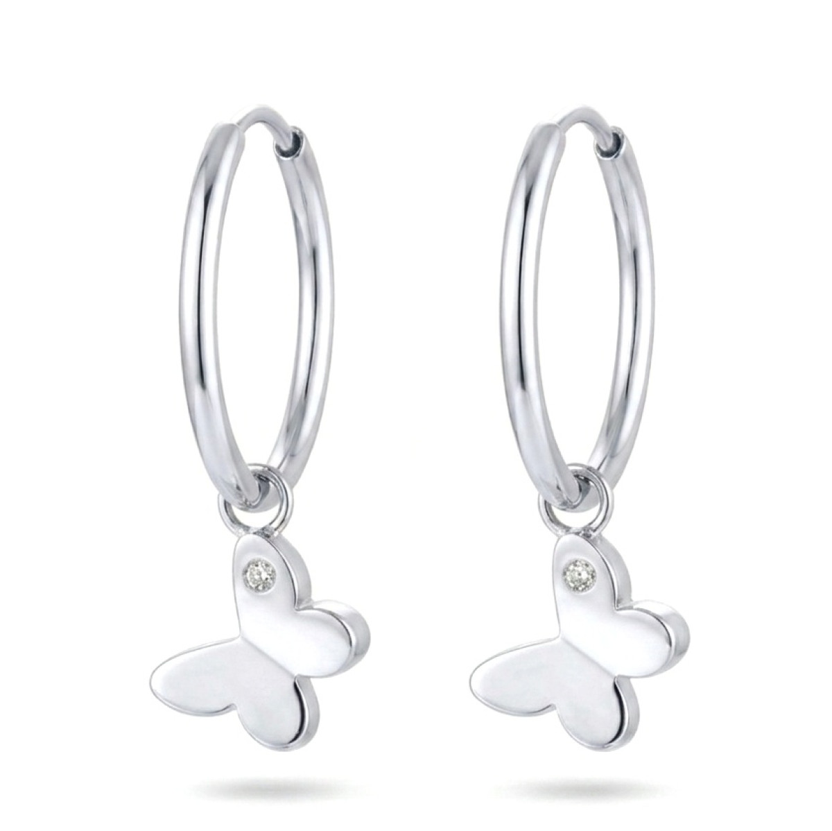 Round Gold Earrings with Butterflies (355),  Round earrings, Gold type: 585, Item in the photo weight: 1.34 g, Gemstone: Brilliant, Gemstone ct.: 0.02 ct, Gemstone ct.: 0.01-0.09 ct - Jewelry online