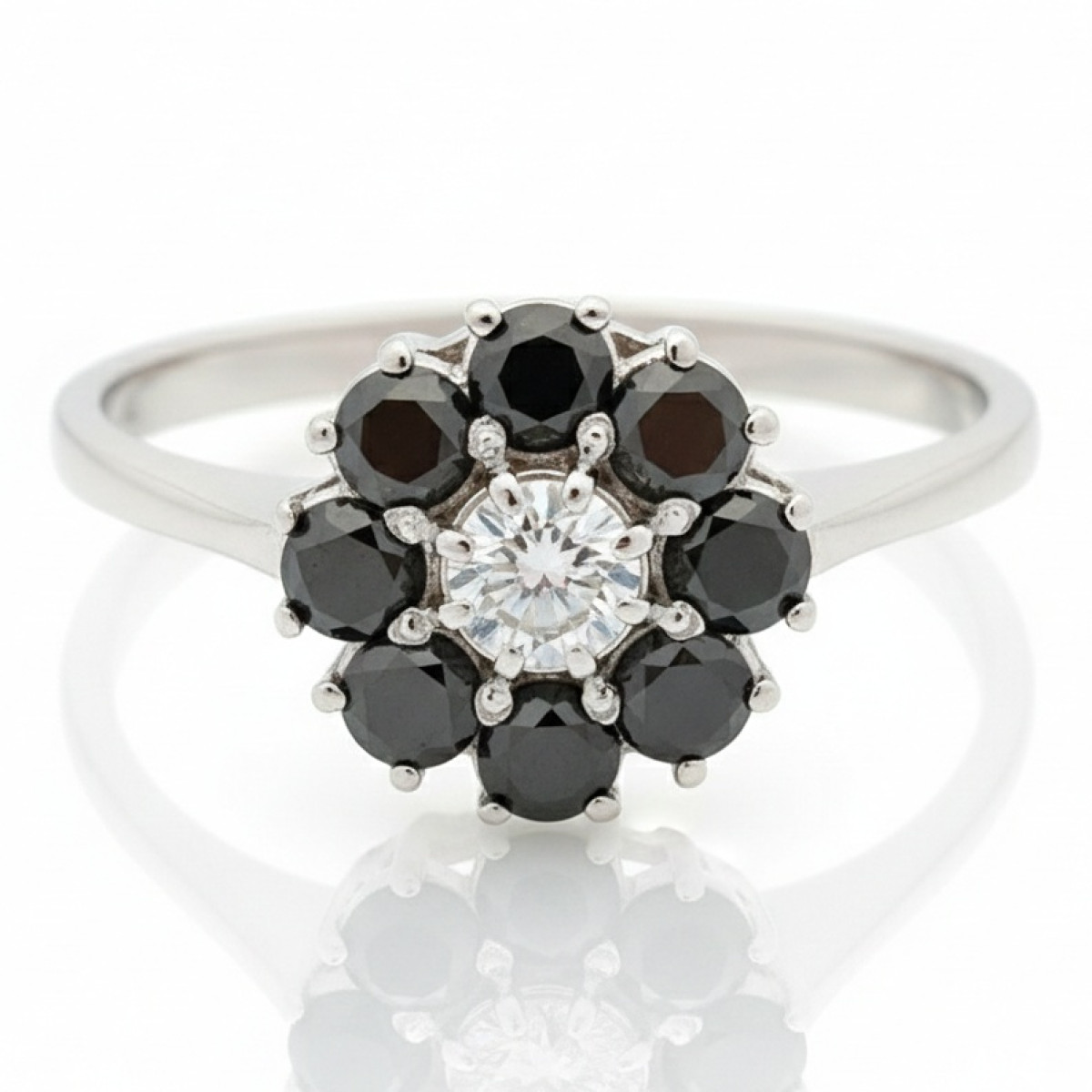  White gold ring decorated with diamonds "Black flower" (1701), Women's Rings, Gold type: 585, Item in the photo weight: 2.40 g, Gemstone: Brilliant, Gemstone ct.: 0.15 ct, Gemstone ct.: 0.70-1.50 ct,  Weight of extra gems: 0.55 ct - Jewelry online
