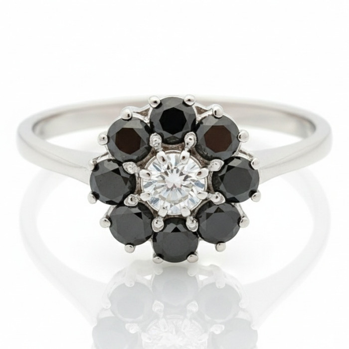  White gold ring decorated with diamonds "Black flower" (1701)