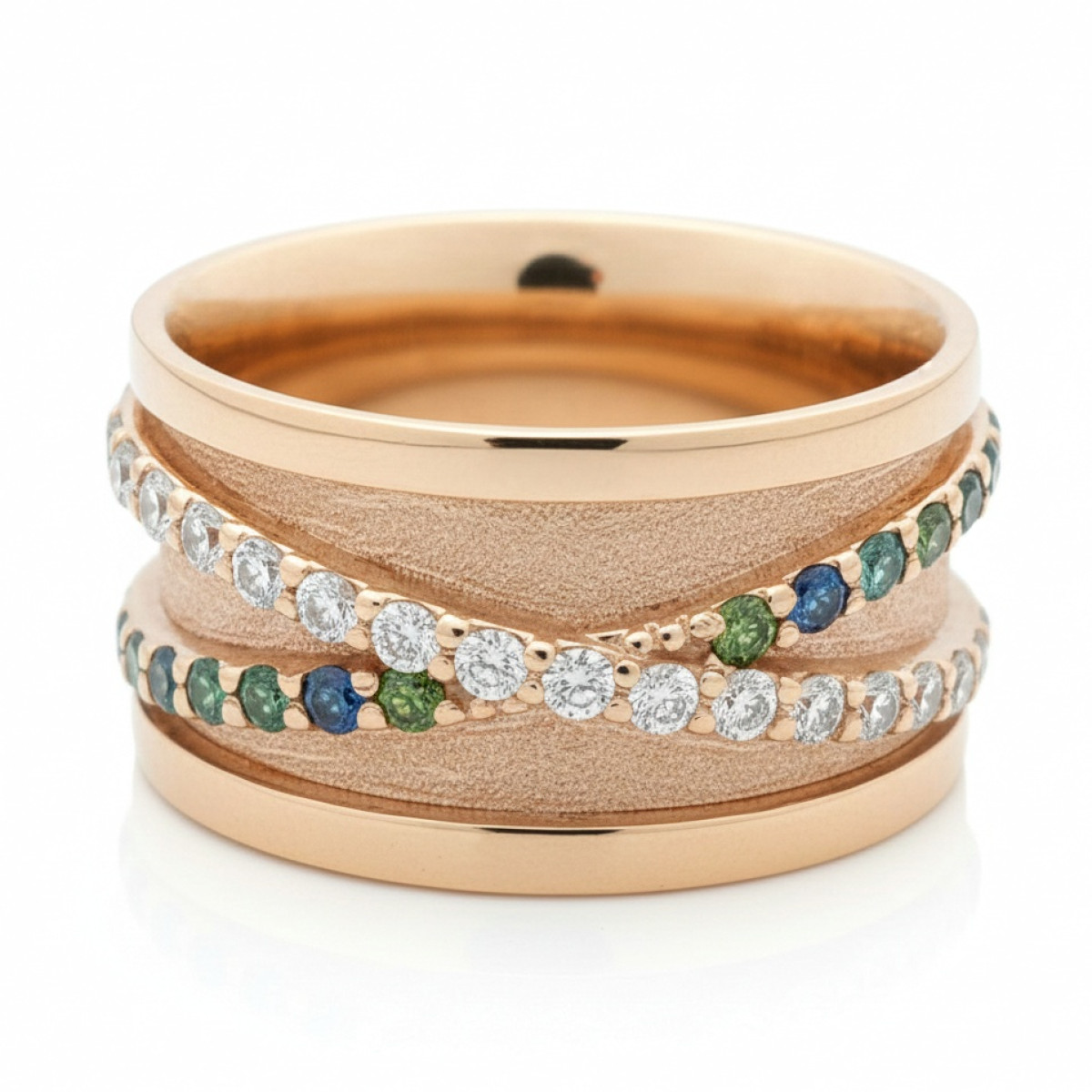 Izsmalcināts zelta gredzens ar ziliem dimantiem (1955), Sieviešu gredzeni, Zelta standarts: 585, Produkta foto svars: 11.97 g, Dārgakmeņi: Izcili, Dārgakmens svars ct.: 0.30-0.69 ct, Dārgakmens svars: 0.40 ct, Papildu dārgakmeņu svars: 0.28 ct - Rotājumlietas internetā