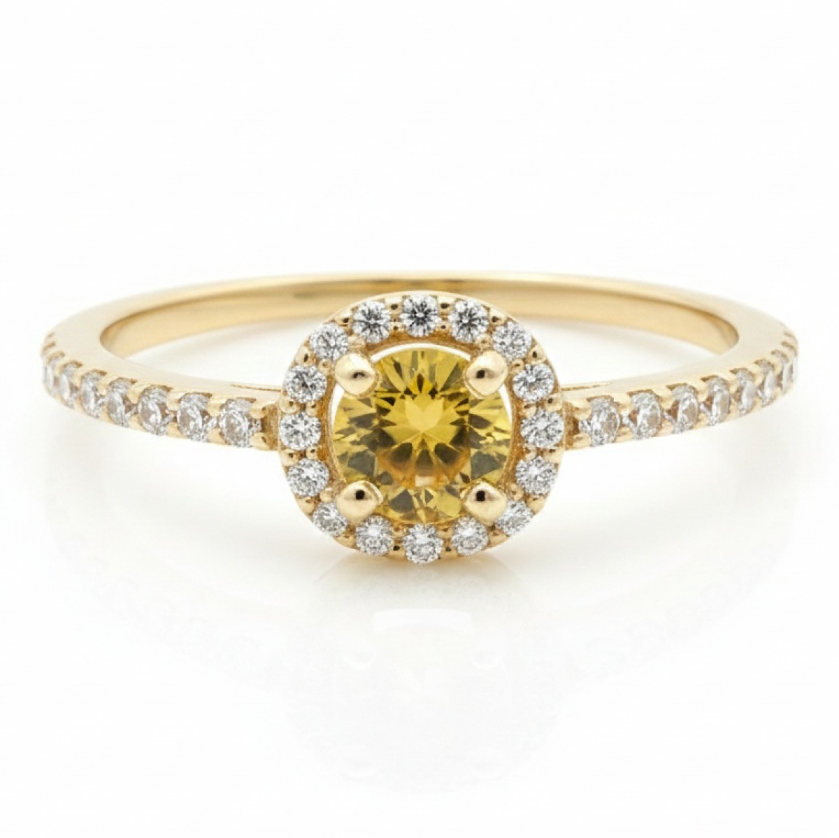 Zelta gredzens ar dzelteno safīru (2238), Halo, Zelta standarts: 585, Produkta foto svars: 1.37 g, Dārgakmeņi: Safīrs, Dārgakmens svars ct.: 0.30-0.69 ct, Dārgakmens svars: 0.33 ct, Papildu dārgakmeņu svars: 0.19 ct - Rotājumlietas internetā