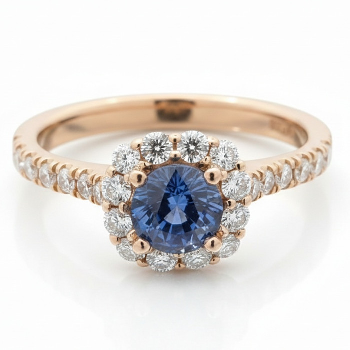 Rose Gold Halo Ring with Blue Sapphire and Diamonds (2600)