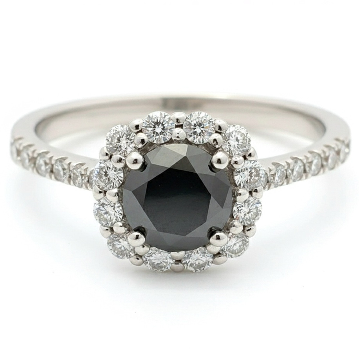 Luxurious white gold halo ring with black diamond (2905), Halo, Gold type: 585, Item in the photo weight: 3.36 g, Gemstone: Diamond, Gemstone ct.: 0.70-1.50 ct, Gemstone ct.: 0.85  ct,  Weight of extra gems: 0.48 ct - Jewelry online