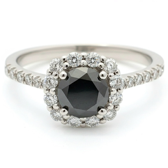 Luxurious white gold halo ring with black diamond (2905)