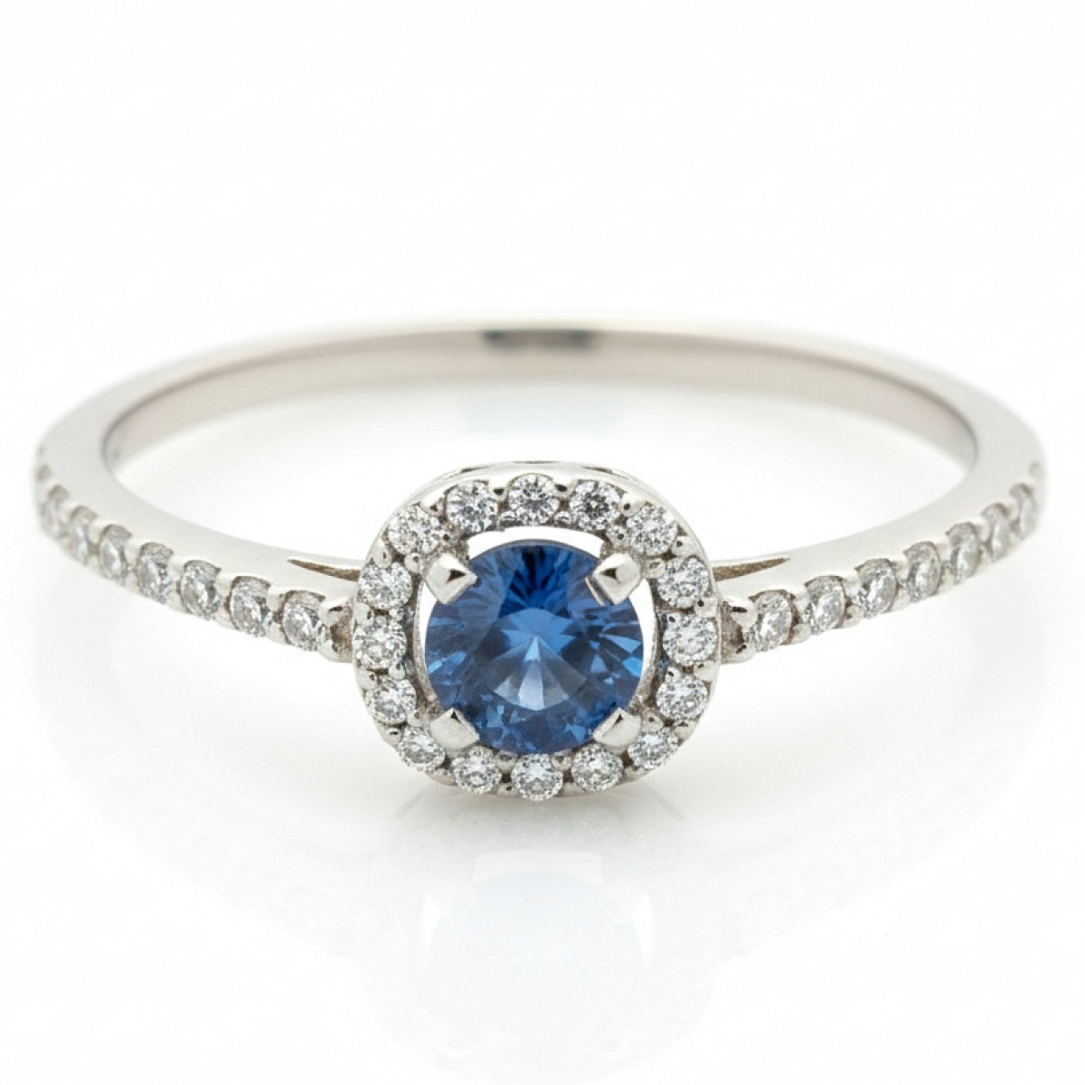 White Gold Halo Ring with Blue Sapphire and Diamonds (2936), Halo, Gold type: 585, Item in the photo weight: 1.29 g, Gemstone: Sapphire, Gemstone ct.: 0.25 ct, Gemstone ct.: 0.30-0.69 ct,  Weight of extra gems: 0.20 ct - Jewelry online