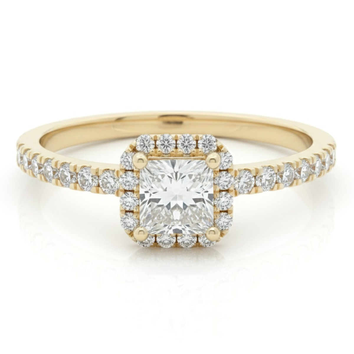 Yellow Gold Halo Engagement Ring with Princess Diamond (2947), Halo, Gold type: 585, Item in the photo weight: 2.02 g, Gemstone: Brilliant, Gemstone ct.: 0.70-1.50 ct, Gemstone ct.: 0.35 ct,  Weight of extra gems: 0.38 ct - Jewelry online