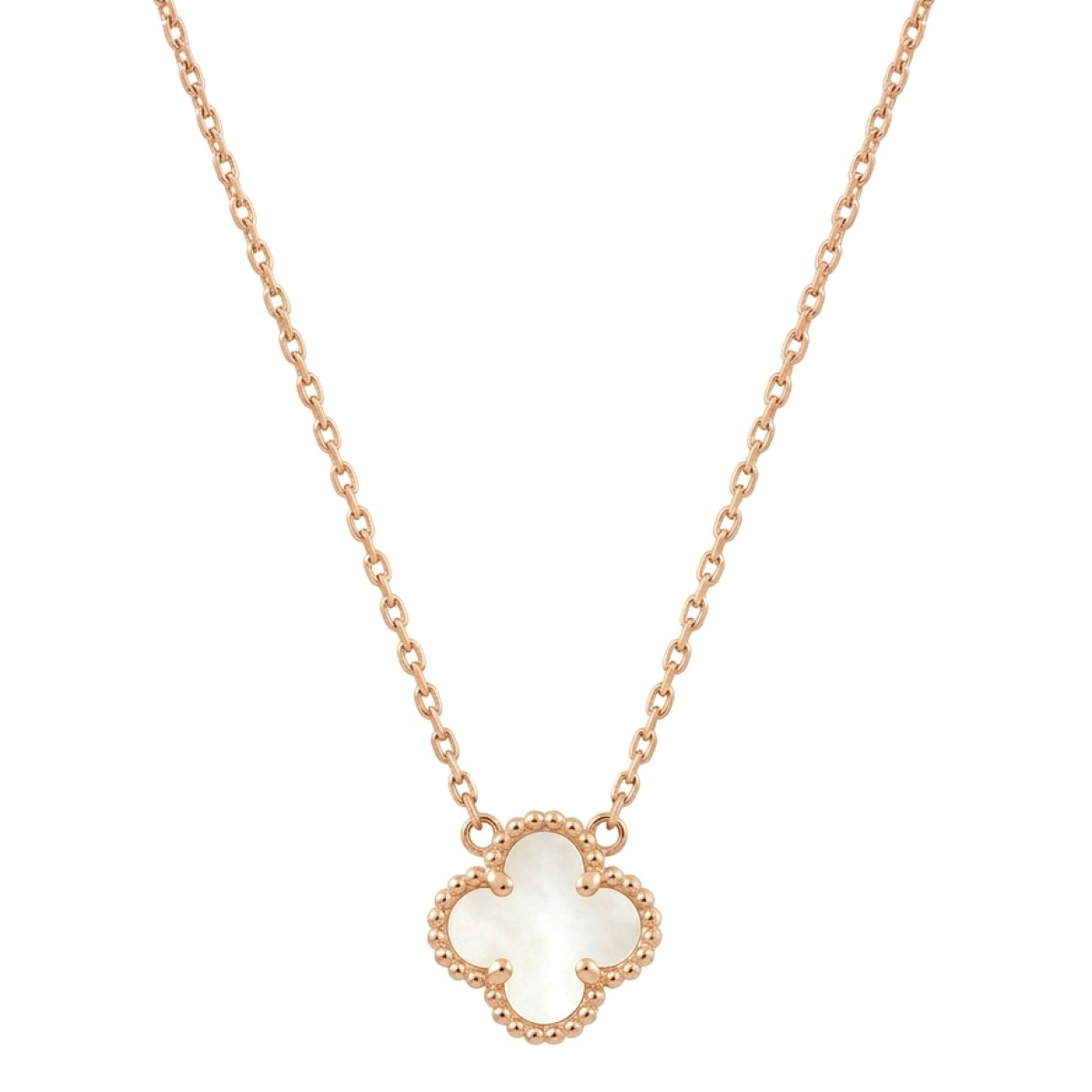 Zelta ķēdīte ar balto āboliņu (1523), Bez cilpām, Zelta standarts: 585, Produkta foto svars: 2.15 g - Rotājumlietas internetā