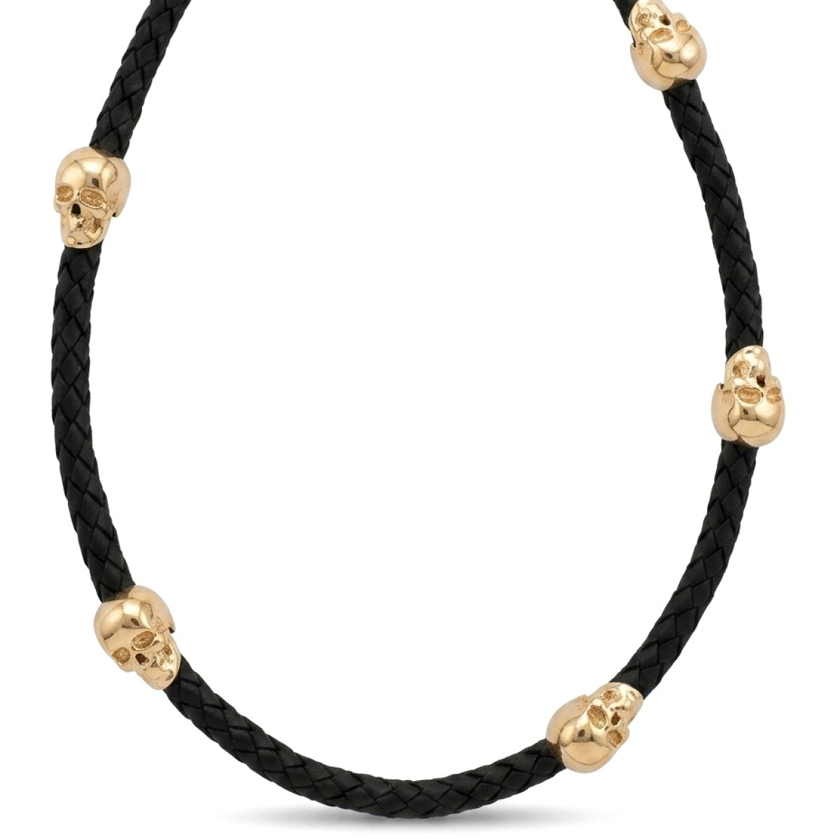Ādas kaklarota ar zelta detaļām "Galvaskausi" (1587), Kaklarotas, Zelta standarts: 585, Produkta foto svars: 10.15 g - Rotājumlietas internetā