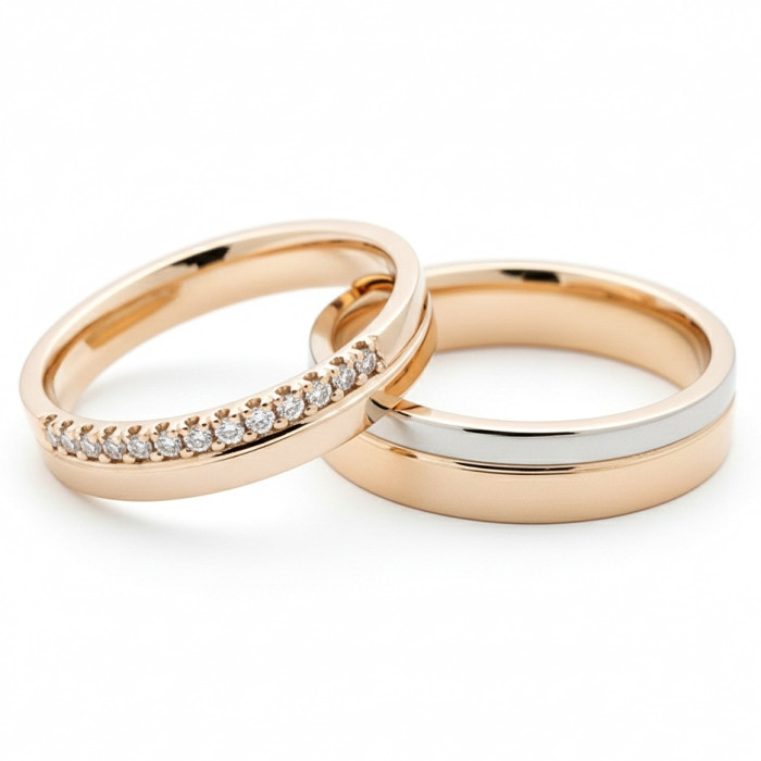  White and red gold wedding rings with diamond ribbon (vz108)