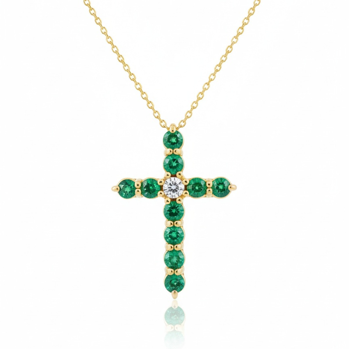  Yellow gold chain with emerald and diamond cross (238), Crosses, Gold type: 585, Item in the photo weight: 4.42 g, Gemstone: Emerald, Gemstone ct.: 0.70-1.50 ct, Gemstone ct.: 0.90 ct,  Weight of extra gems: 0.13 ct - Jewelry online