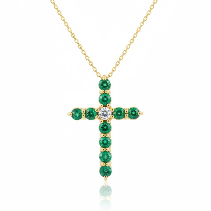 Yellow gold chain with emerald and diamond cross (238)