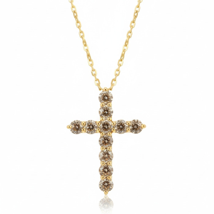  Yellow gold chain with cognac diamond cross (257)