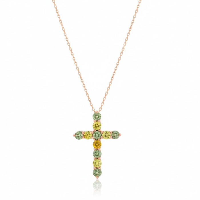  Gold chain with a cross of yellow and green sapphires (217)