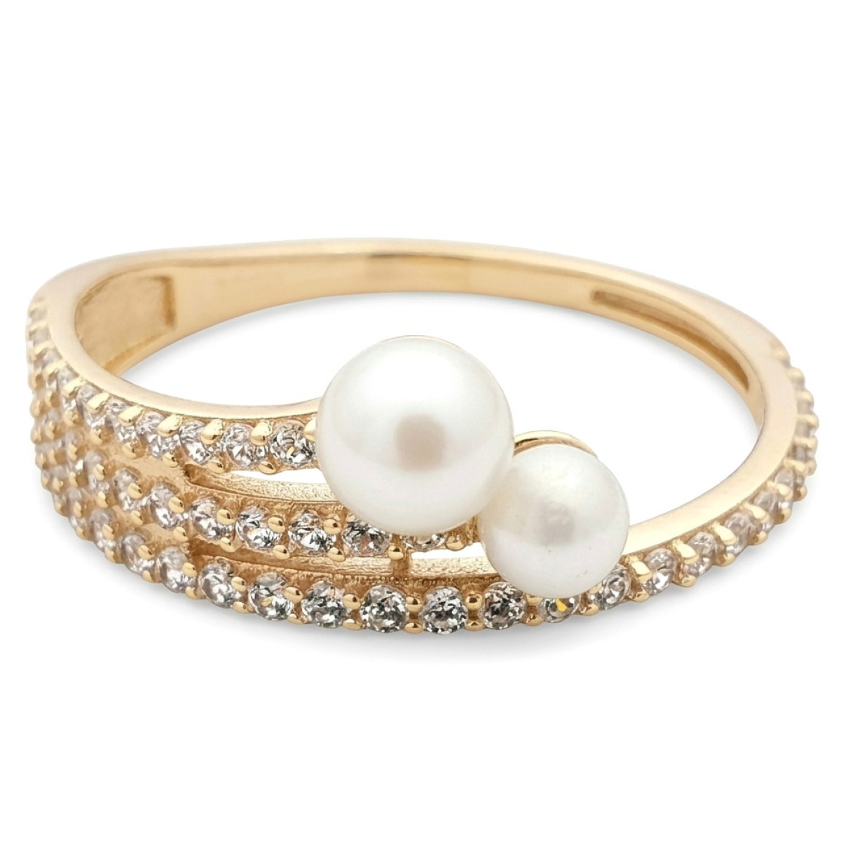 Zelta gredzens ar pērlēm un cilpiņām (1924), Ar acīm, Zelta standarts: 585, Produkta foto svars: 1.65 g, Dārgakmeņi: Cirkons,  Perlas - Rotājumlietas internetā